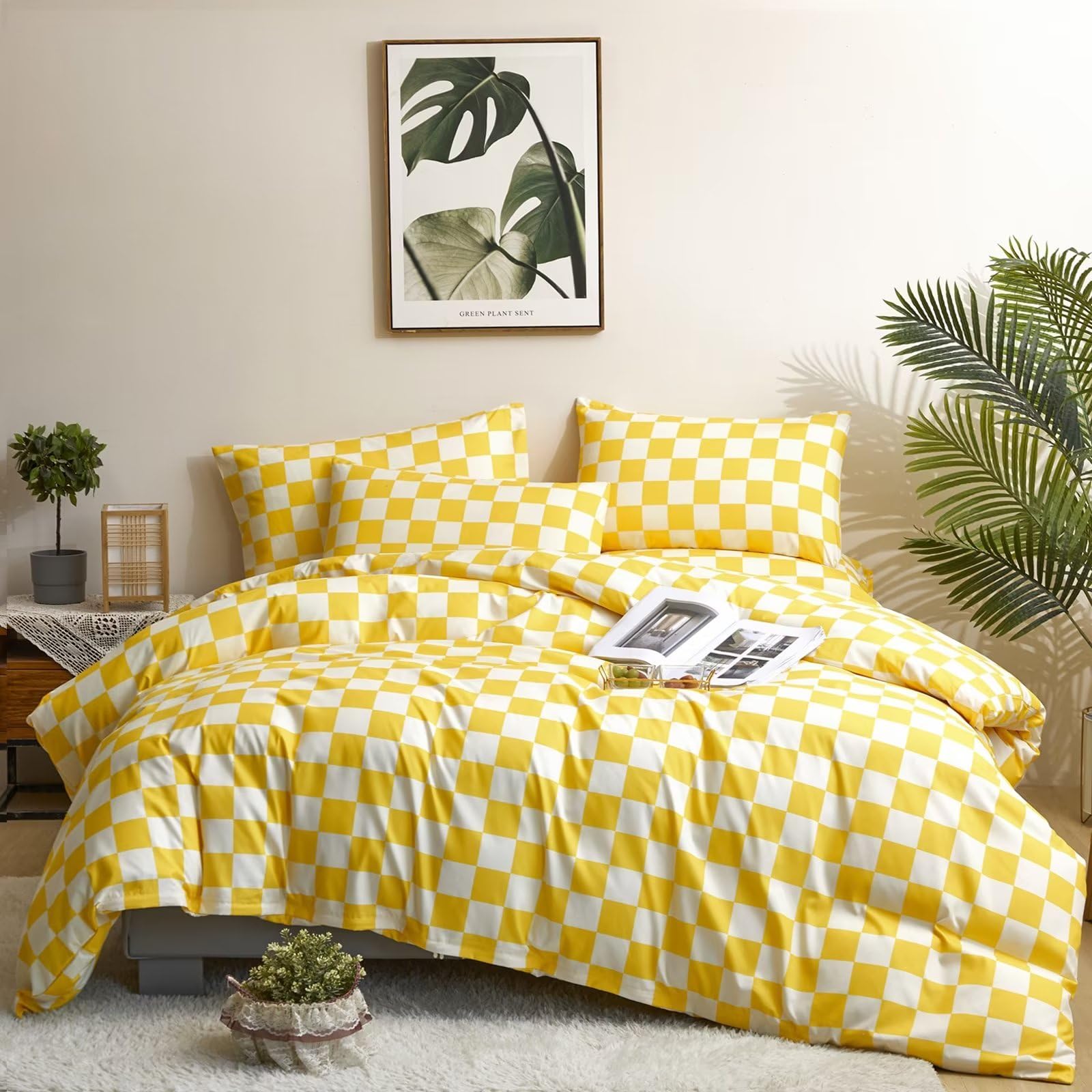 Houseri Yellow And White Comforter Set Queen Buffalo Plaid Light Yellow Bedding Grid Comforters Queen Size Women Girls Bright Ye